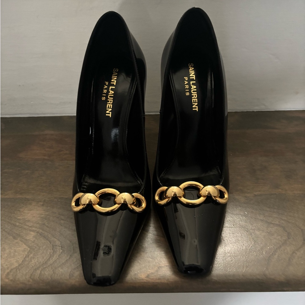 YSL Saint Laurent Black Patent Leather Chain-Accent Pumps